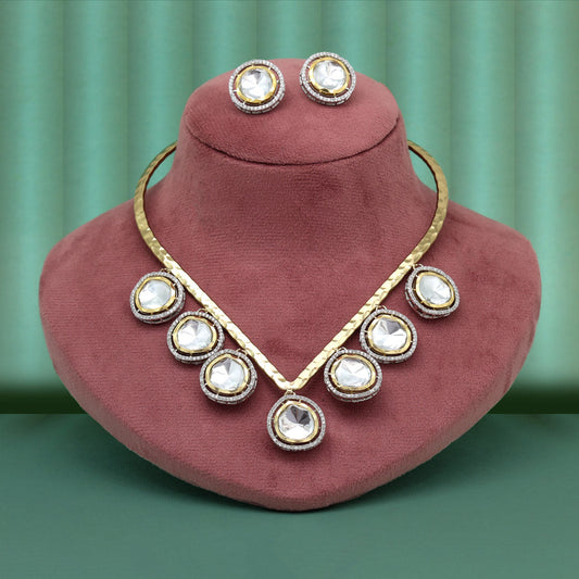 White Color Unique Handmade Brass Metal With Moissanite Kundan Apala Polish Hasli Necklace Of Jaipur (CZN1062WHT) - Preyans.com