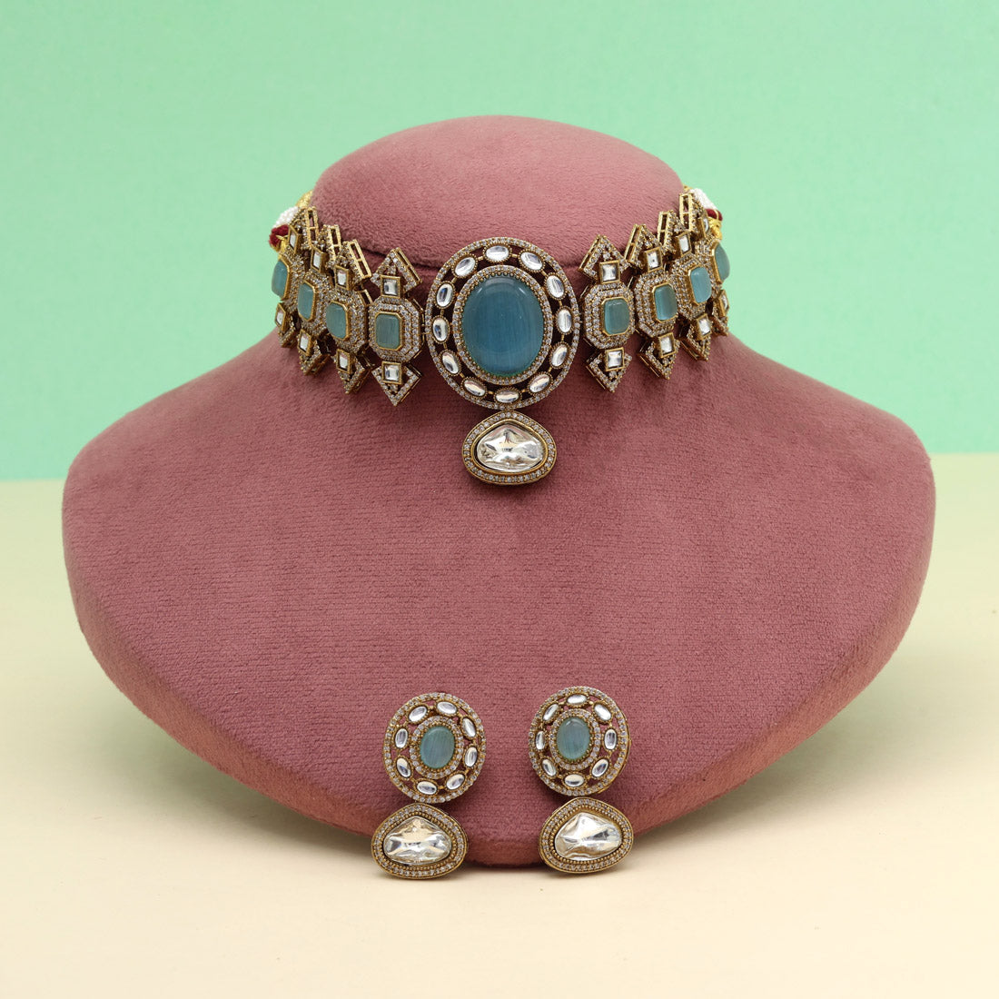 Sky Blue Color Premium Jaipur Jewellery Brass Choker Necklace With Beautiful Monalisa And Moissanite Stone (CZN1063SBLU) - eindiawholesale.com