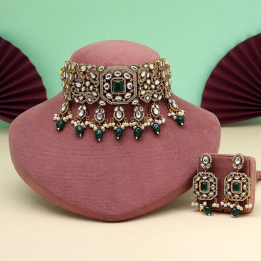 Green Color Premium Jaipur American Diamond Jewellery Brass Choker Necklace With Beautiful Monalisa And Moissanite Stone (CZN1064GRN) - eindiawholesale.com