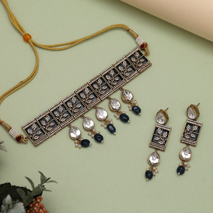 Blue Color Unique Brass Choker Necklace With Ad And Moissanite Stone (CZN1065BLU) - eindiawholesale.com