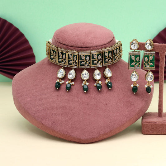 Green Color Unique Brass Choker Necklace With Ad And Moissanite Stone (CZN1065GRN) - eindiawholesale.com