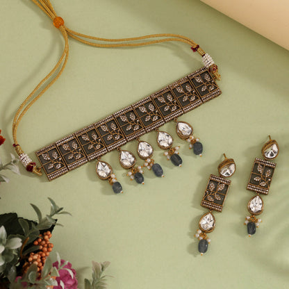 Grey Color Unique Brass Choker Necklace With Ad And Moissanite Stone (CZN1065GRY) - eindiawholesale.com