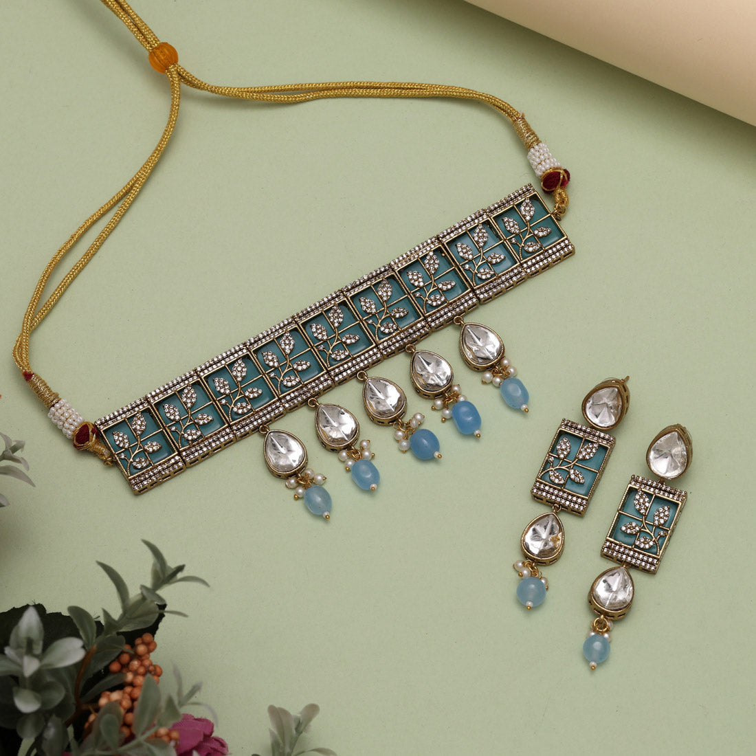 Sky Blue Color Unique Brass Choker Necklace With Ad And Moissanite Stone (CZN1065SBLU) - eindiawholesale.com