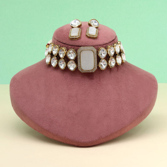 Off White Color Premium Quality Moissanite And Monalisa Stone Decorated Choker Necklace (CZN1066OWHT) - eindiawholesale.com