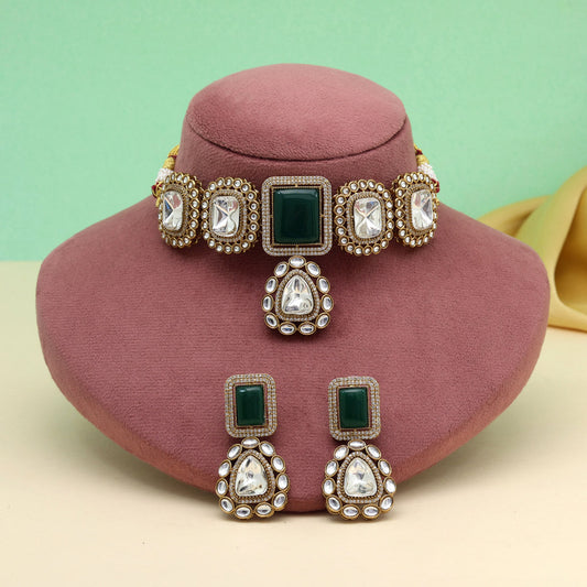 Green Color Handmade Jaipur Choker Necklace With Moissanite And Monalisa Stones (CZN1067GRN) - eindiawholesale.com