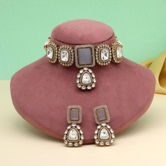 Grey Color Handmade Jaipur Choker Necklace With Moissanite And Monalisa Stones (CZN1067GRY) - eindiawholesale.com
