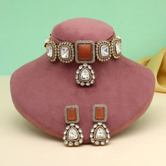 Light Brown Color Handmade Jaipur Choker Necklace With Moissanite And Monalisa Stones (CZN1067LBRW) - eindiawholesale.com