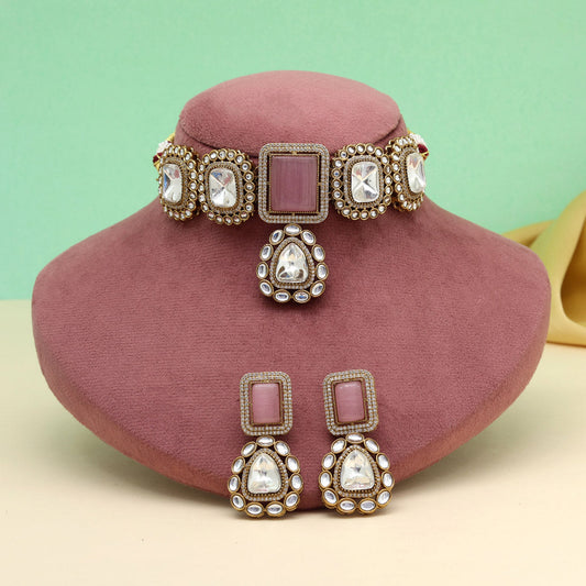 Pink Color Handmade Jaipur Choker Necklace With Moissanite And Monalisa Stones (CZN1067PNK) - eindiawholesale.com
