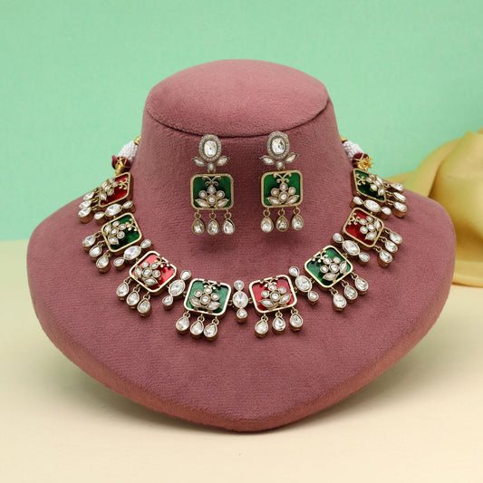 Maroon & Green Color Premium Handmade Brass Necklace With Moissanite Stones (CZN1069MG) - eindiawholesale.com