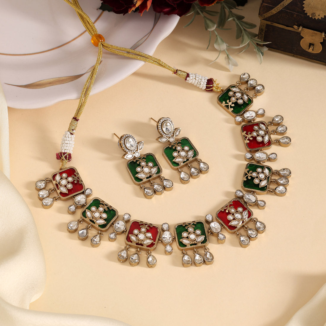 Maroon & Green Color Premium Handmade Brass Necklace With Moissanite Stones (CZN1069MG) - eindiawholesale.com