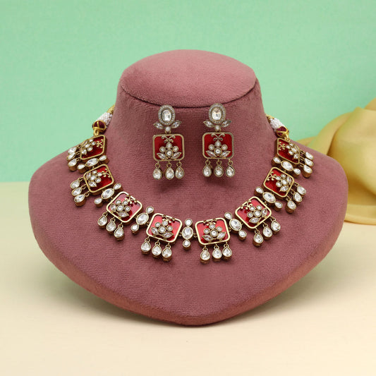 Red Color Premium Handmade Brass Necklace With Moissanite Stones (CZN1069RED) - eindiawholesale.com