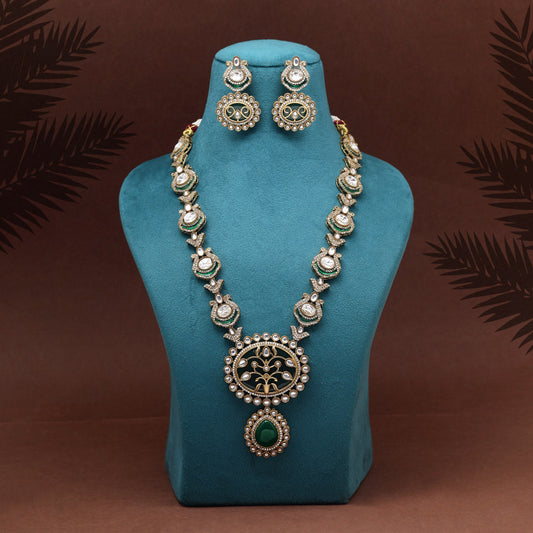 Green Color Premium Quality Moissanite Kundan Necklace Set (CZN1070GRN) - eindiawholesale.com