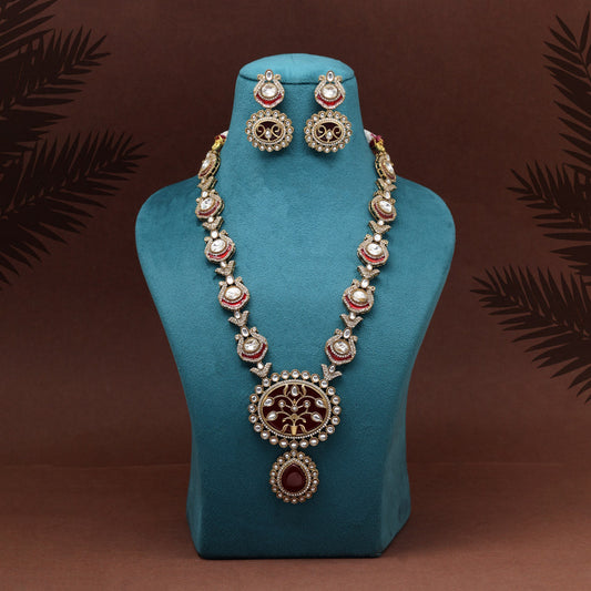 Maroon Color Premium Quality Moissanite Kundan Necklace Set (CZN1070MRN) - eindiawholesale.com