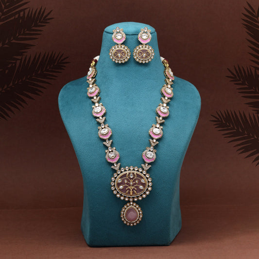 Pink Color Premium Quality Moissanite Kundan Necklace Set (CZN1070PNK) - eindiawholesale.com