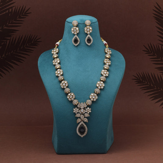 Black Color Premium Quality Handmade In Jaipur Brass Ad & Monalisa Stone Necklace Set (CZN1071BLK) - eindiawholesale.com