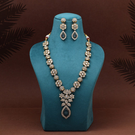 Blue Color Premium Quality Handmade In Jaipur Brass Ad & Monalisa Stone Necklace Set (CZN1071BLU) - eindiawholesale.com