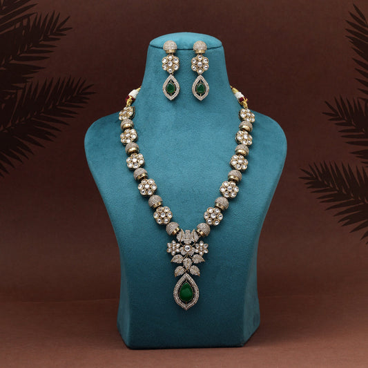 Green Color Premium Quality Handmade In Jaipur Brass Ad & Monalisa Stone Necklace Set (CZN1071GRN) - eindiawholesale.com