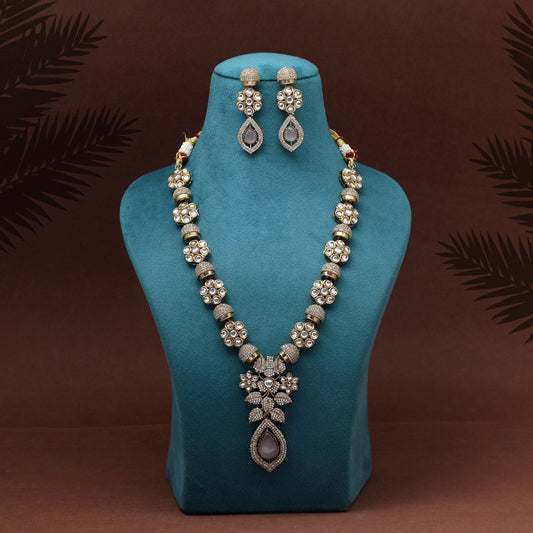 Grey Color Premium Quality Handmade In Jaipur Brass Ad & Monalisa Stone Necklace Set (CZN1071GRY) - eindiawholesale.com