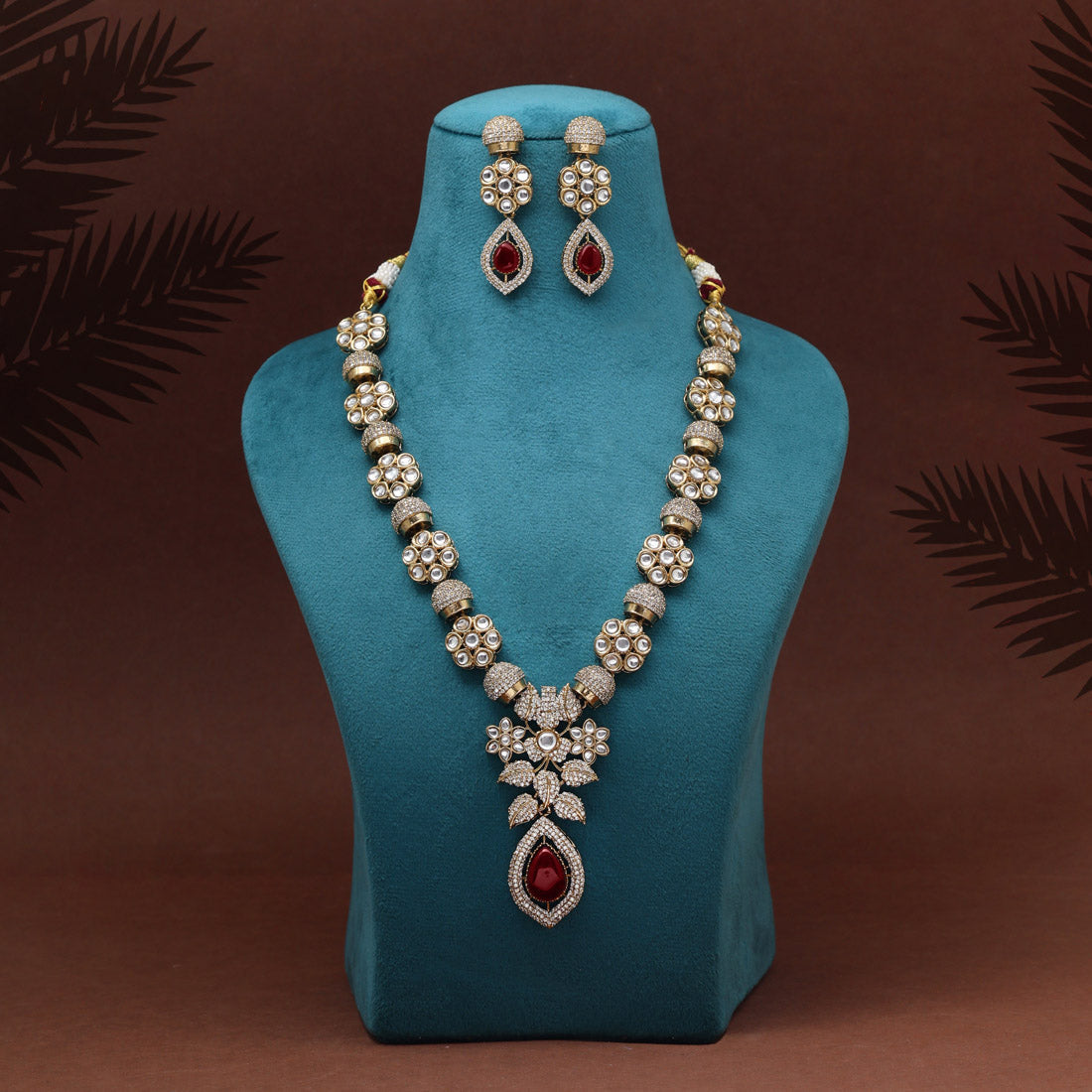 Maroon Color Premium Quality Handmade In Jaipur Brass Ad & Monalisa Stone Necklace Set (CZN1071MRN) - eindiawholesale.com