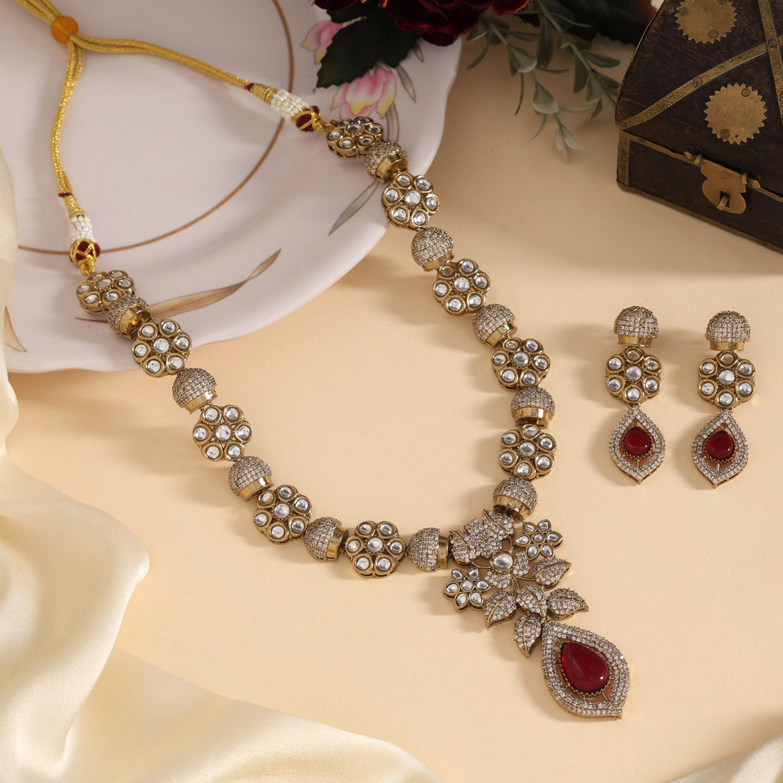 Maroon Color Premium Quality Handmade In Jaipur Brass Ad & Monalisa Stone Necklace Set (CZN1071MRN) - eindiawholesale.com