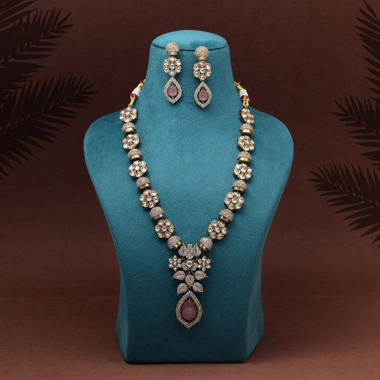 Pink Color Premium Quality Handmade In Jaipur Brass Ad & Monalisa Stone Necklace Set (CZN1071PNK) - eindiawholesale.com