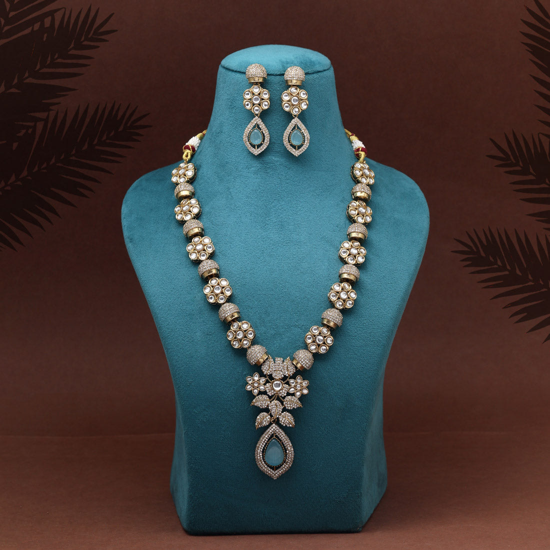 Sky Blue Color Premium Quality Handmade In Jaipur Brass Ad & Monalisa Stone Necklace Set (CZN1071SBLU) - eindiawholesale.com