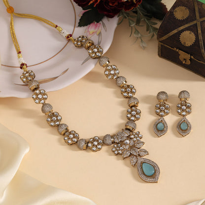 Sky Blue Color Premium Quality Handmade In Jaipur Brass Ad & Monalisa Stone Necklace Set (CZN1071SBLU) - eindiawholesale.com