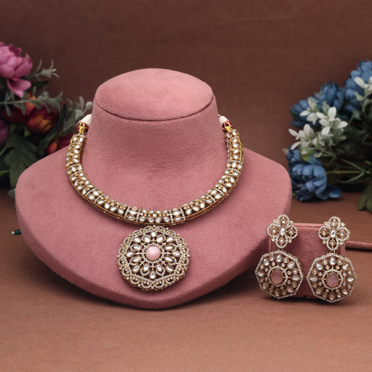 Pink Color Premium Quality Hasli Style Handmade Ad & Monalisa Stone Necklace Set (CZN1072PNK) - eindiawholesale.com