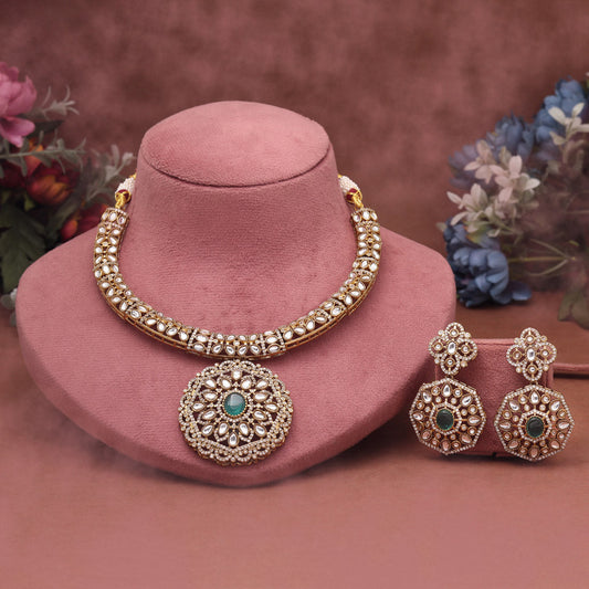 Rama Green Color Premium Quality Hasli Style Handmade Ad & Monalisa Stone Necklace Set (CZN1072RGRN) - eindiawholesale.com