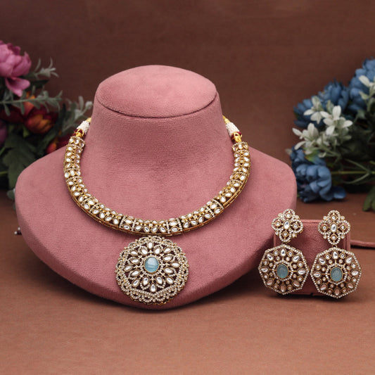 Sky Blue Color Premium Quality Hasli Style Handmade Ad & Monalisa Stone Necklace Set (CZN1072SBLU) - eindiawholesale.com