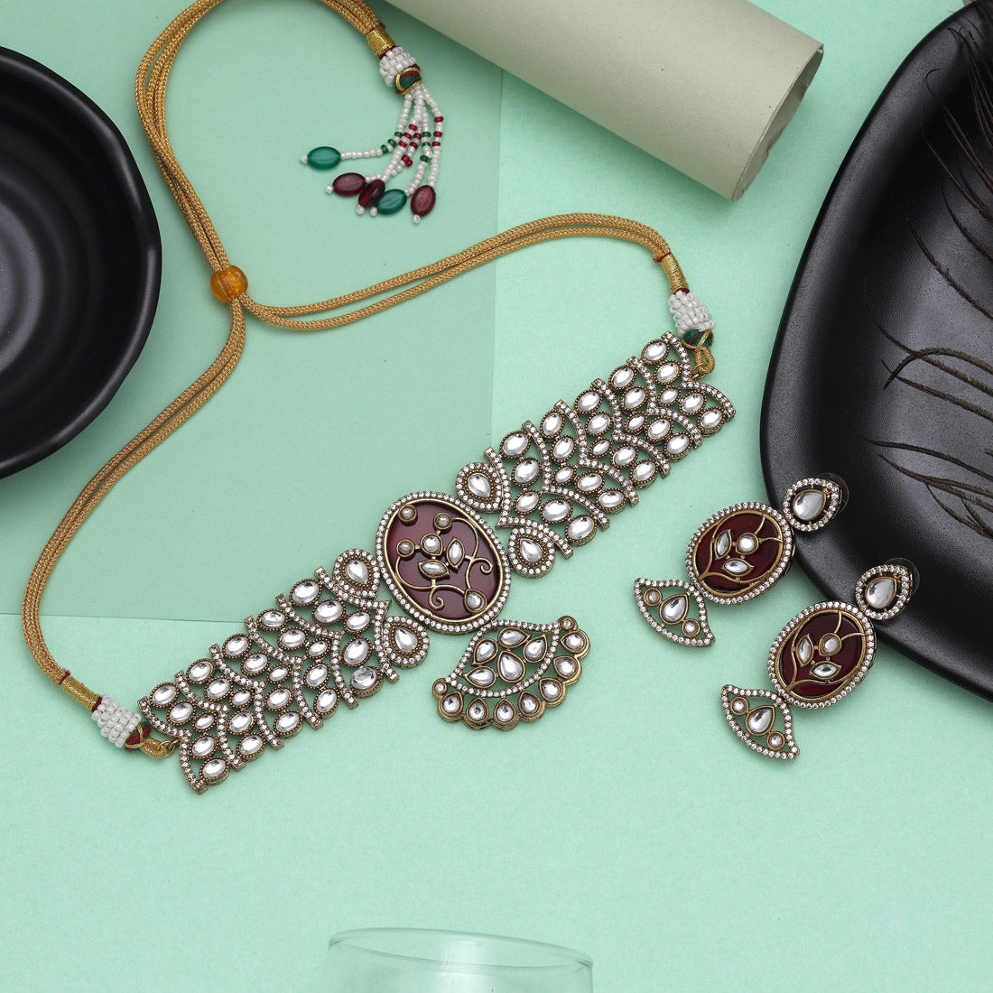 Maroon Color Choker American Diamond Necklaces Set - Preyans.com