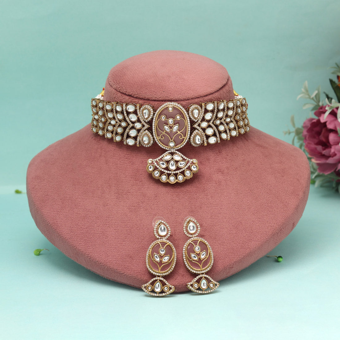 Pink Color Choker American Diamond Necklaces Set - Preyans.com