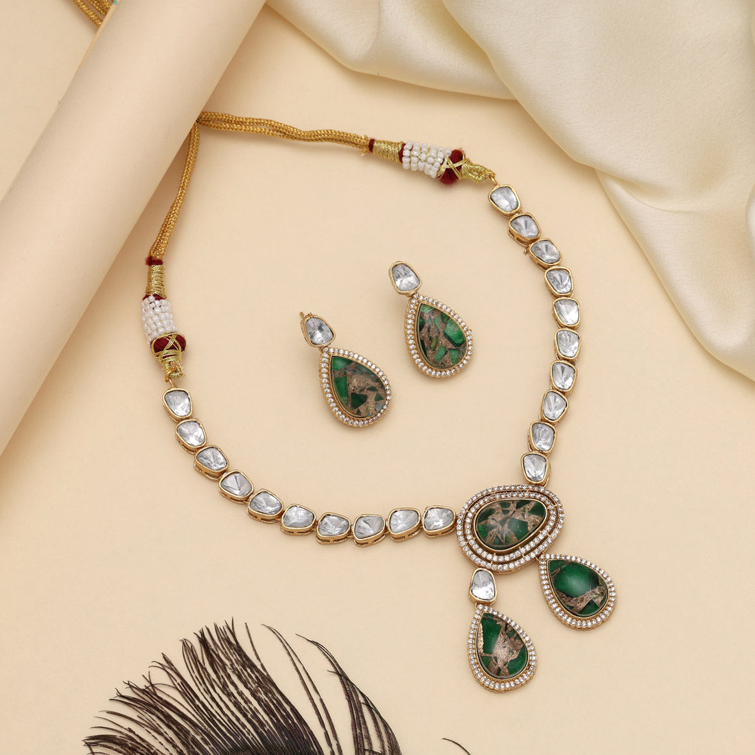 Green Color American Diamond Necklaces Set - Preyans.com