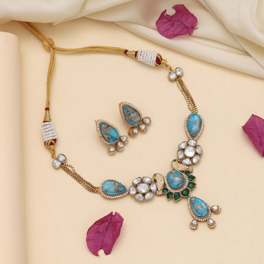 Firozi Color American Diamond Necklaces Set - Preyans.com