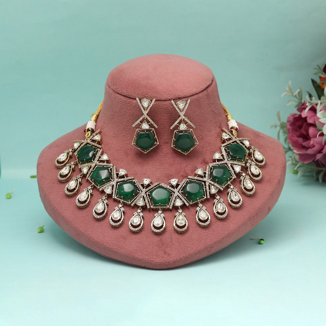 Green Color American Diamond Necklaces Set - Preyans.com