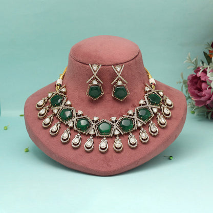 Green Color American Diamond Necklaces Set - Preyans.com