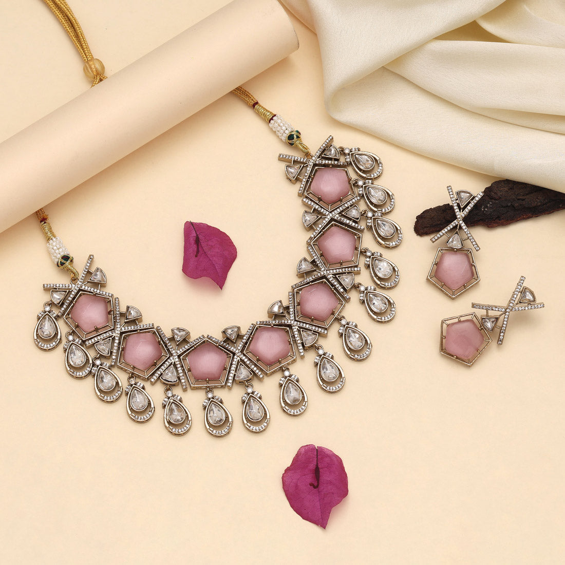 Pink Color American Diamond Necklaces Set - Preyans.com