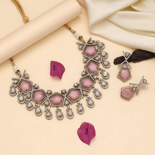 Pink Color American Diamond Necklaces Set - Preyans.com