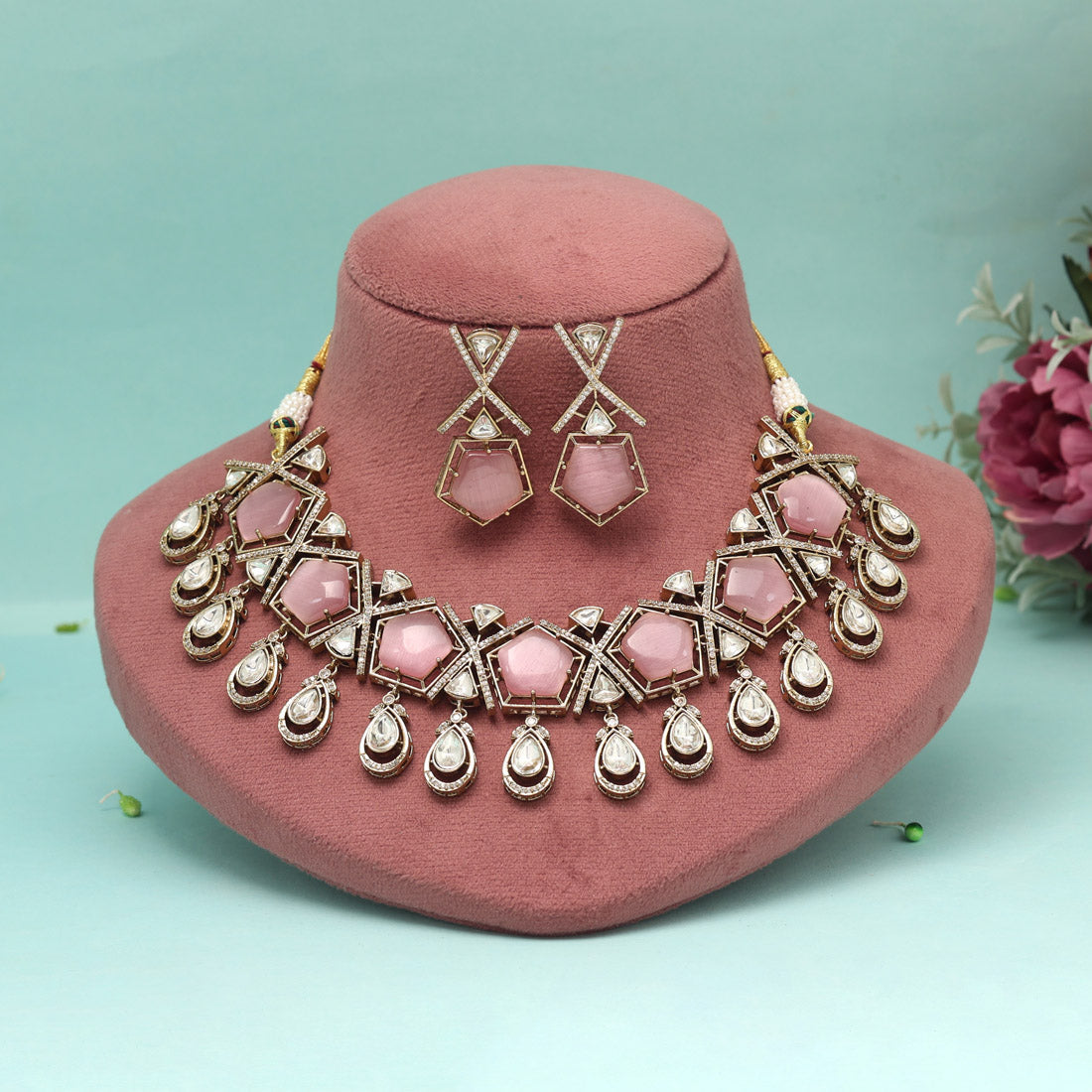 Pink Color American Diamond Necklaces Set - Preyans.com