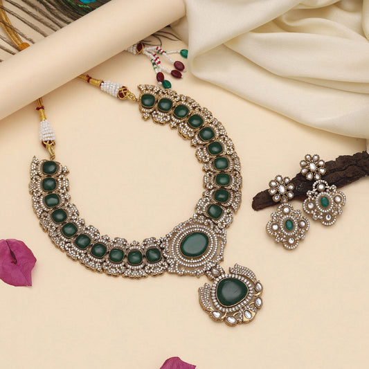 Green Color American Diamond Necklaces Set - Preyans.com