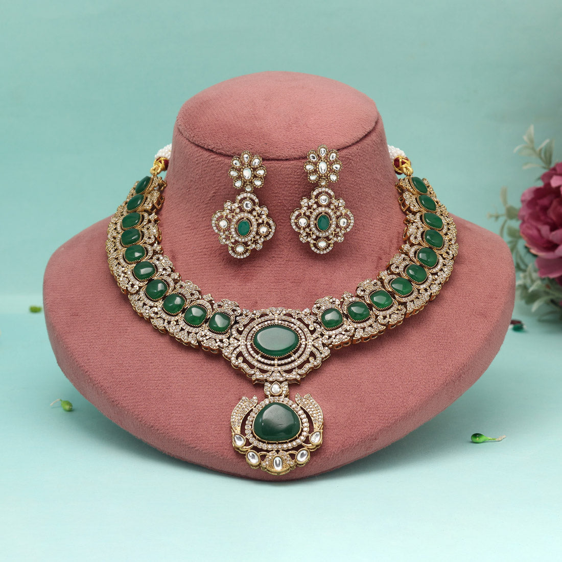 Green Color American Diamond Necklaces Set - Preyans.com