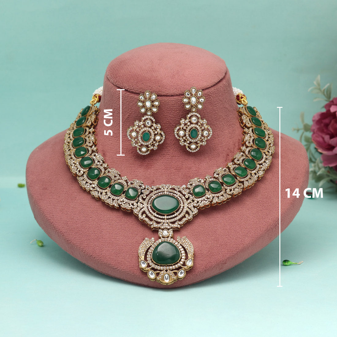 Green Color American Diamond Necklaces Set - Preyans.com