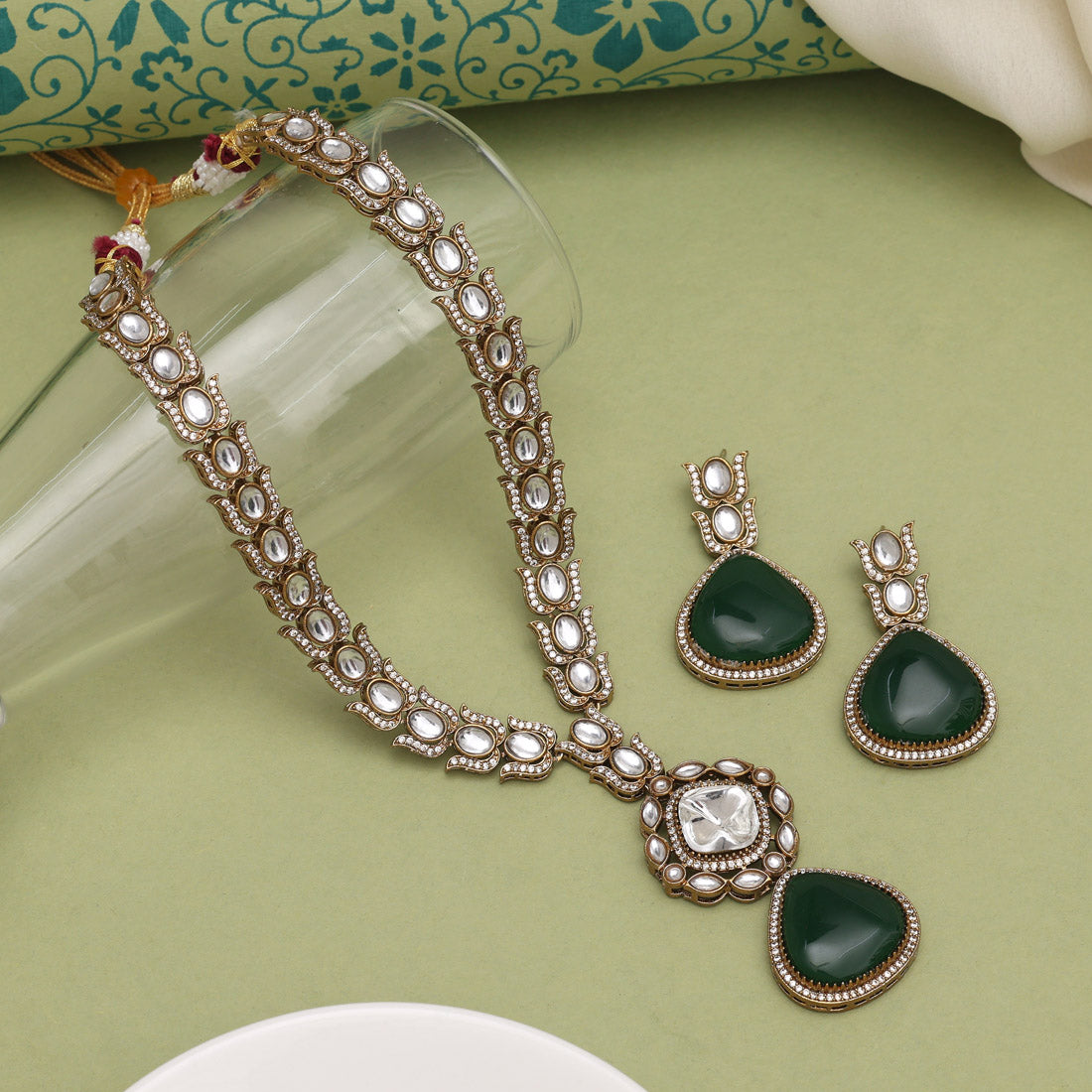 Green Color American Diamond Necklaces Set - Preyans.com