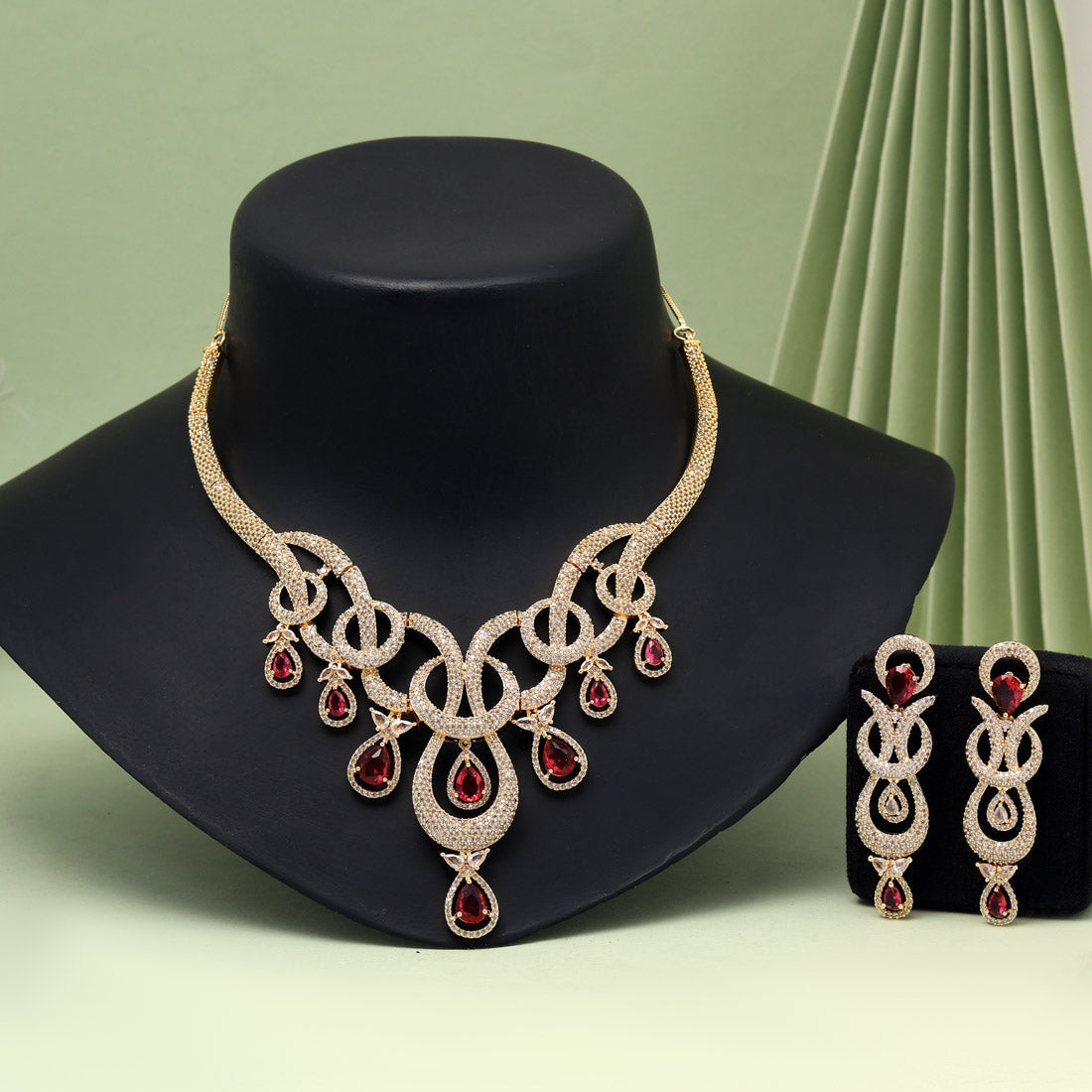 Ruby Color American Diamond Necklaces Set - Preyans.com