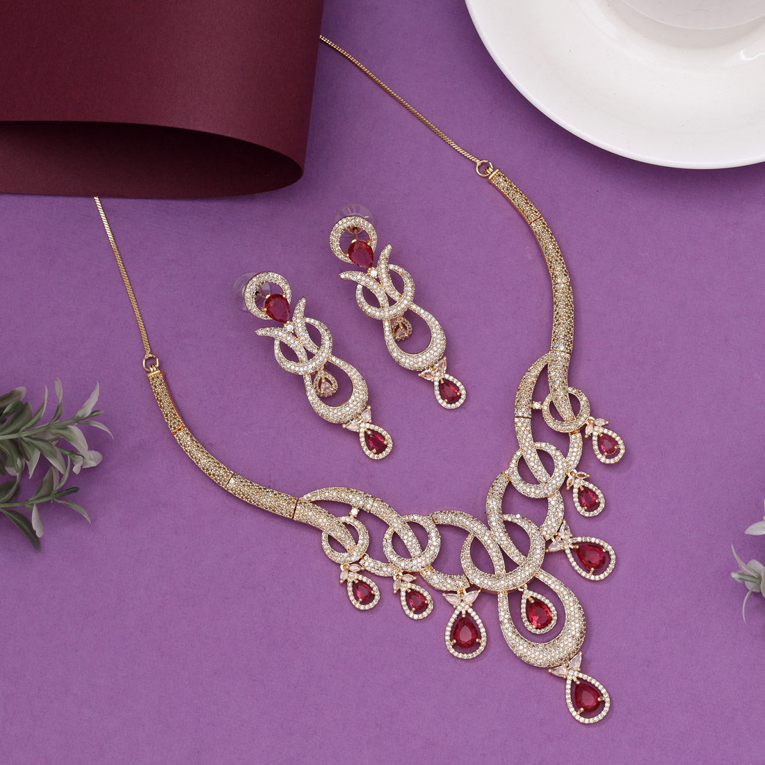 Ruby Color American Diamond Necklaces Set - Preyans.com