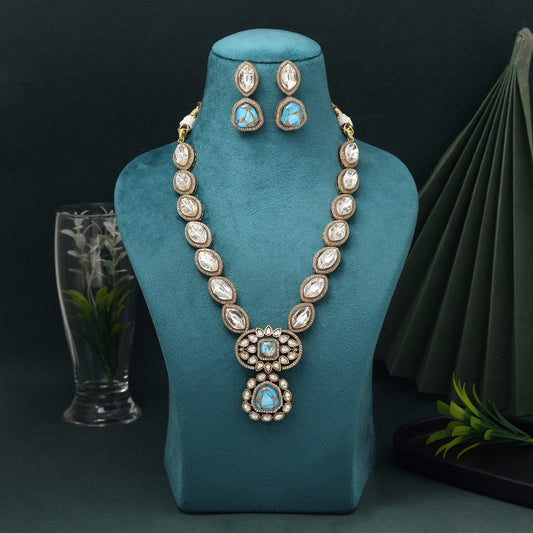 Firozi Color American Diamond Necklace Set With Glamorous Shiny Stone Finish - Preyans.com