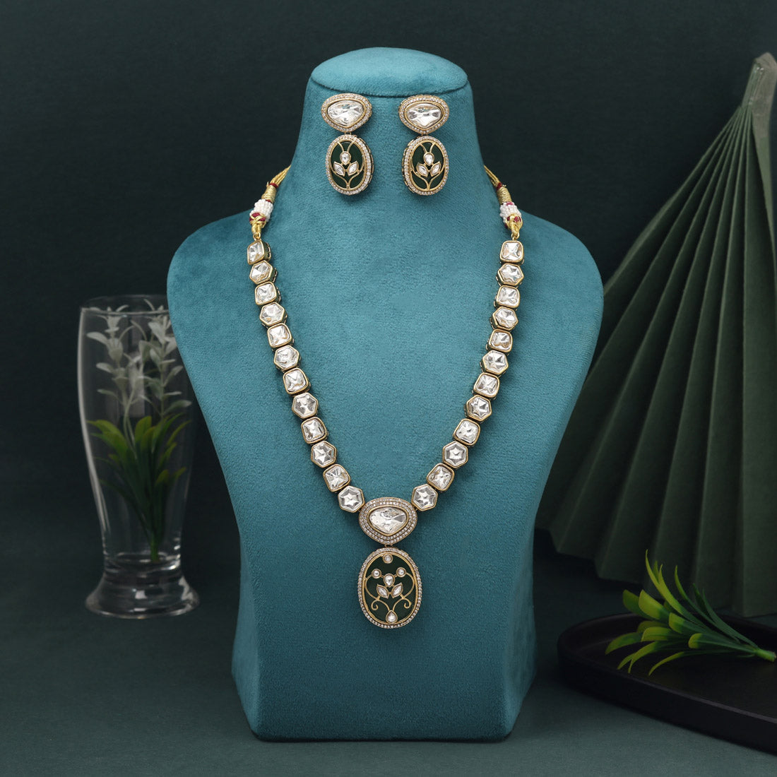 Green Color American Diamond Necklace Set With Sparkling Detailing And Modern Flair - Preyans.com