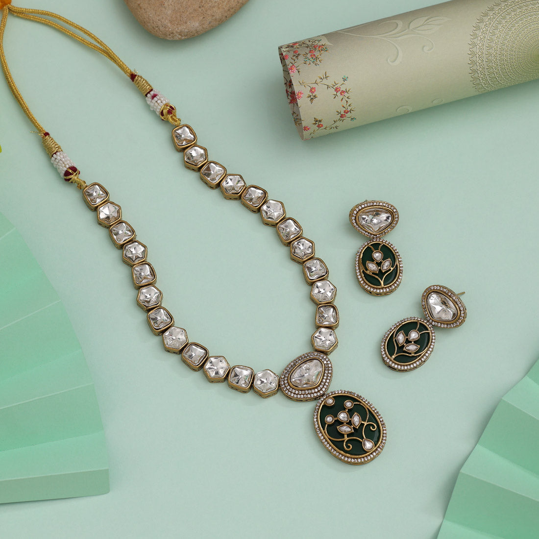 Green Color American Diamond Necklace Set With Sparkling Detailing And Modern Flair - Preyans.com