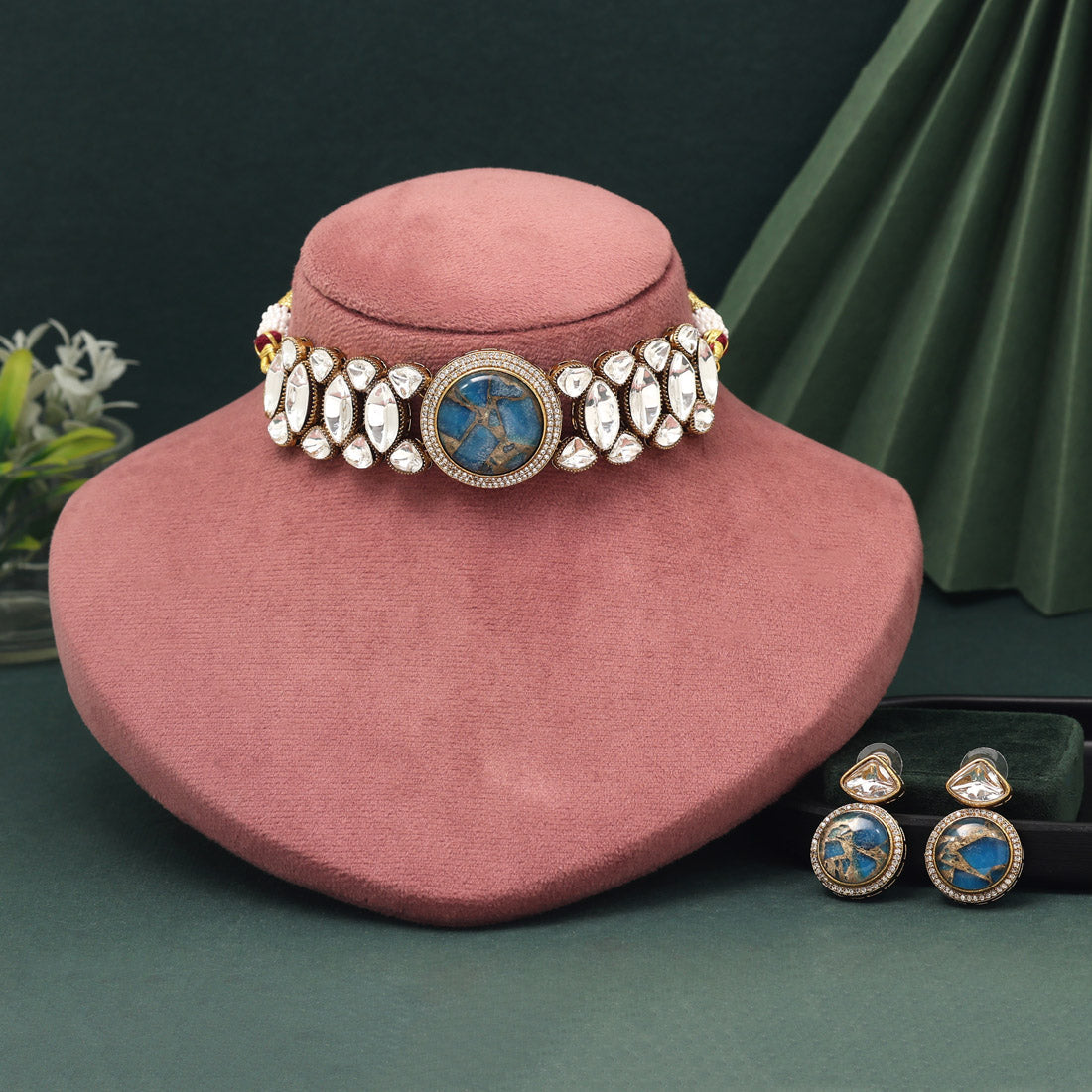 Turquoise Blue Color Choker American Diamond Necklace Set With Bold Styling - Preyans.com