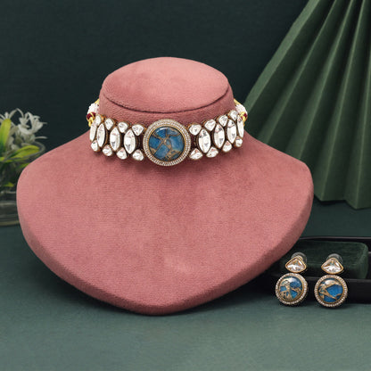 Turquoise Blue Color Choker American Diamond Necklace Set With Bold Styling - Preyans.com